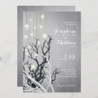Crystal Light String White Branch Gray Wedding Einladung