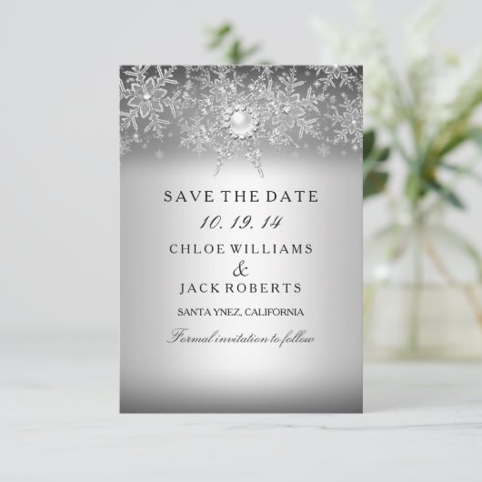 Crystal Pearl Snowflake Silver Save the Date (Stehend Vorderseite)