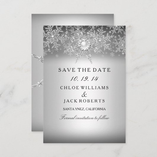 Crystal Pearl Snowflake Silver Save the Date (Vorne/Hinten)