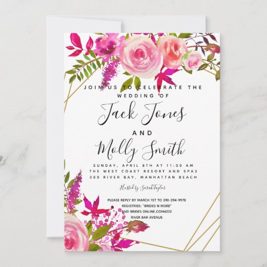 Crystal Pink Peach Roses Watercolor wedding invite Einladung (Vorderseite)