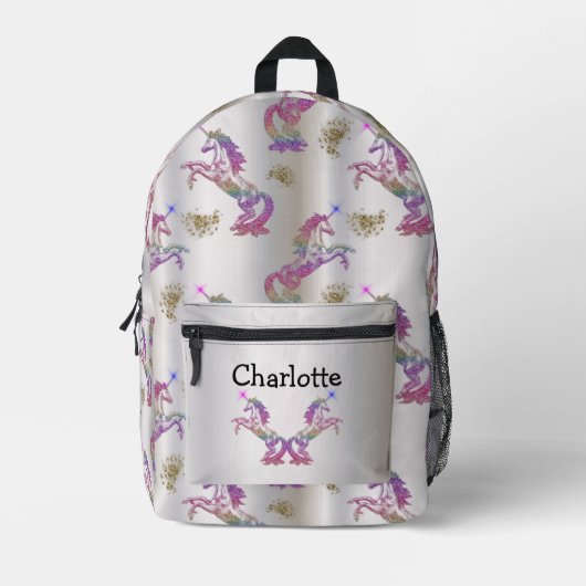 Crystal Rainbow Unicorns auf Silver Bedruckter Rucksack (Vorderseite)
