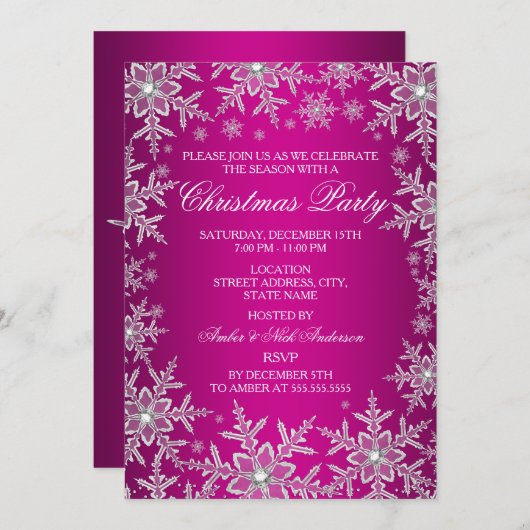 Crystal Snowflake Hot Pink Weihnachts-Party laden  Einladung (Vorne/Hinten)