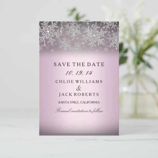 Crystal Snowflake Pink Winter Save the Date (Stehend Vorderseite)