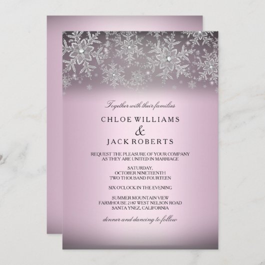 Crystal Snowflake Pink Winter Wedding Einladung (Vorne/Hinten)