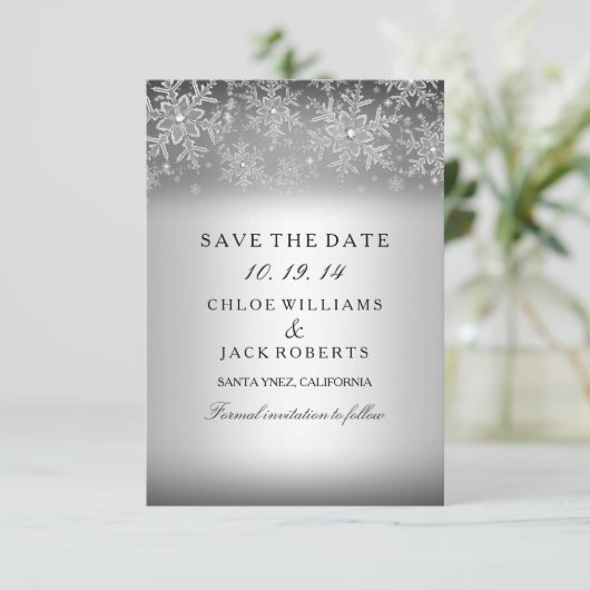 Crystal Snowflake Silver Winter Save the Date (Stehend Vorderseite)
