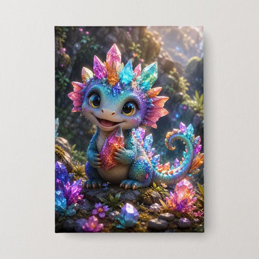 Crystal Sprout – Süße Kristall-Drache Fantasy-Kuns Button (Vorderseite)