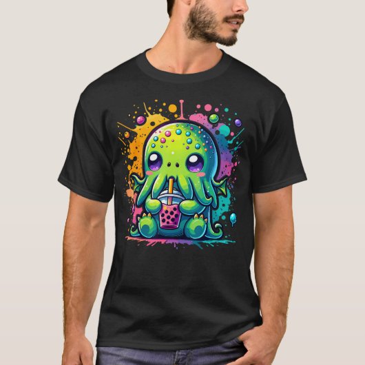 Cthulhu Kawaii Anime Alien Bubble Tea T-Shirt (Vorderseite)