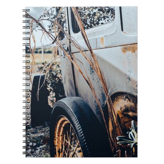 Cuaderno con fotografía de auto antiguo abandonado notizblock (Vorderseite)