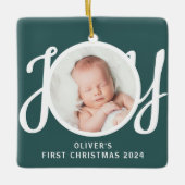 Cuatname First Christmas Foto Green Keepake Keramikornament (Vorderseite)