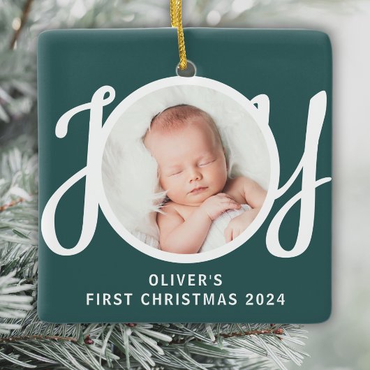 Cuatname First Christmas Foto Green Keepake Keramikornament