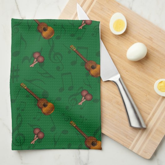 Cuatro and Maracas with Music Notes on DARK GREEN Geschirrtuch (Viertel Falte)