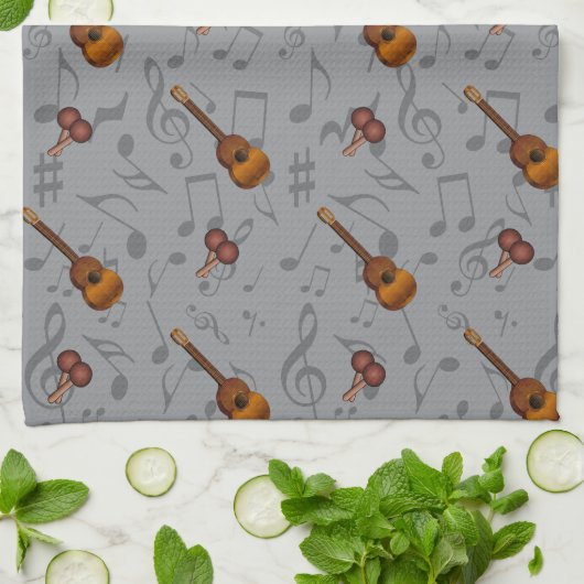Cuatro and Maracas with Music Notes on LIGHT GREY Geschirrtuch (Gefaltet)