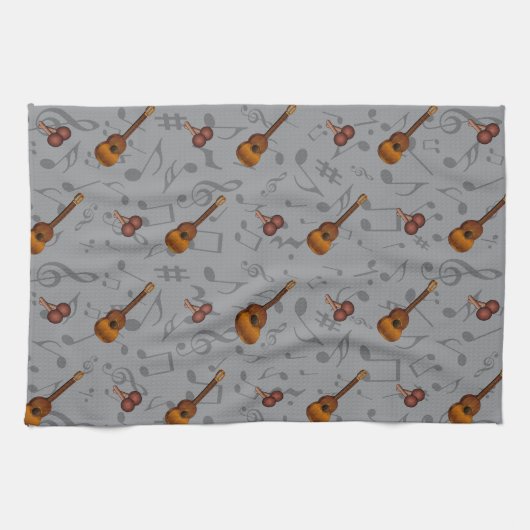 Cuatro and Maracas with Music Notes on LIGHT GREY Geschirrtuch (Horizontal)