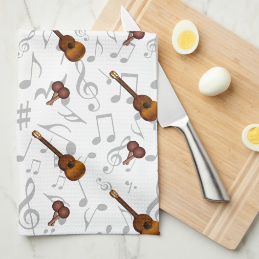Cuatro and Maracas with Music Notes on WHITE Geschirrtuch (Viertel Falte)