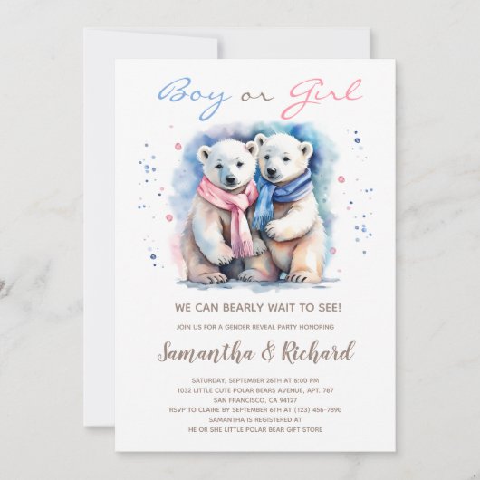 Cub Bear Polar Bär Thema Winter Gender Reveal Einladung (Vorderseite)