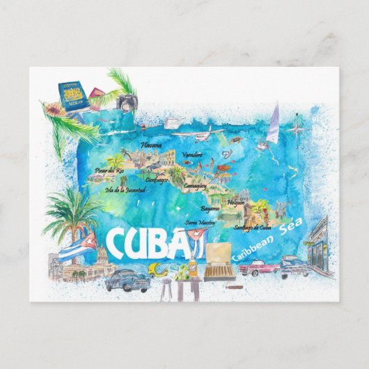 Cuba Antilles Illustrierte Reisekarte mit Straßen Postkarte (Vorderseite)