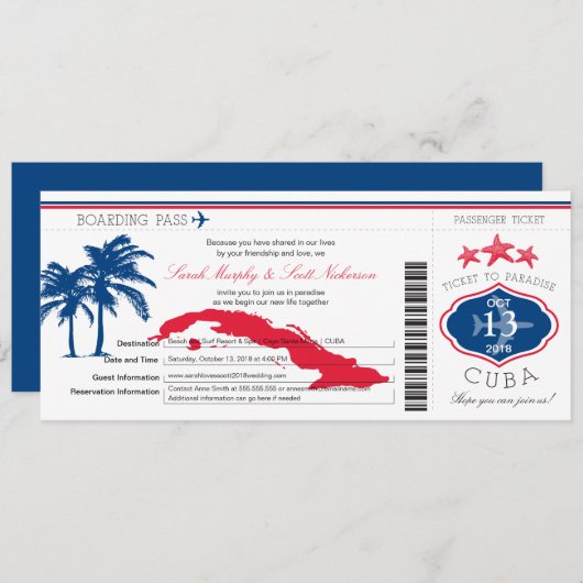 Cuba Boarding Pass Wedding Einladung (Vorne/Hinten)