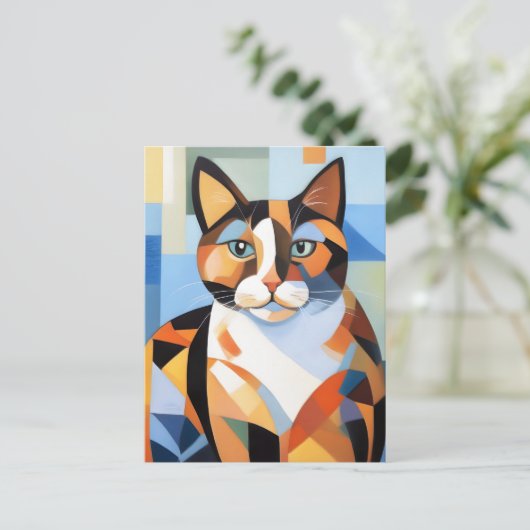 Cubist Calico Cat Komposition Gemälde Postkarte (Stehend Vorderseite)