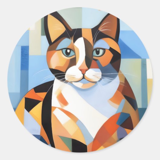 Cubist Calico Cat Komposition Gemälde Runder Aufkleber (Vorderseite)