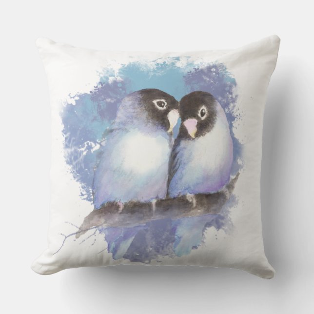Cuddling Blue Lovebirds Bird Art Kissen Für Draußen (Vorderseite)