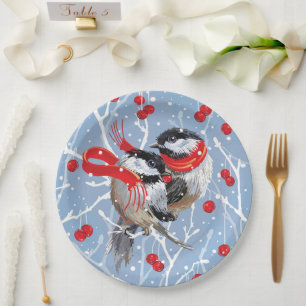 Cuddling Chickadees Weihnachten Blau/Rot Pappteller