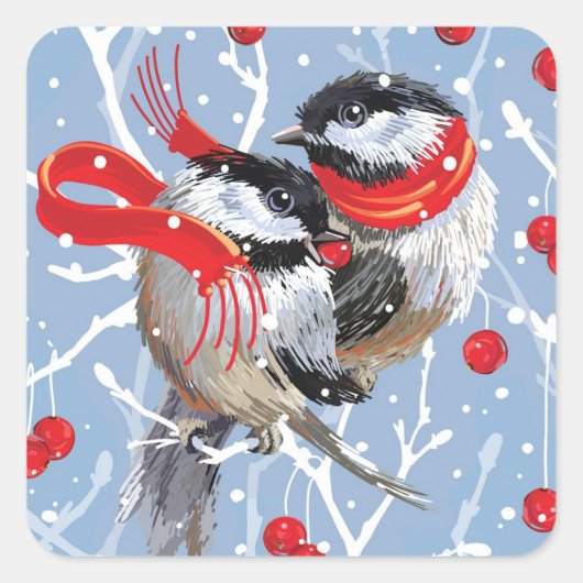 Cuddling Chickadees Weihnachten Quadratischer Aufkleber (Vorderseite)