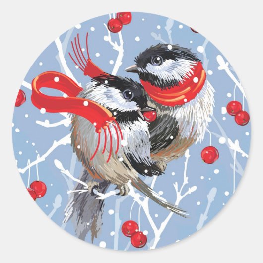 Cuddling Chickadees Weihnachten Runder Aufkleber (Vorderseite)