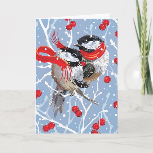 Cuddling Chickadees Weihnachtsnote Karte (Vorderseite)