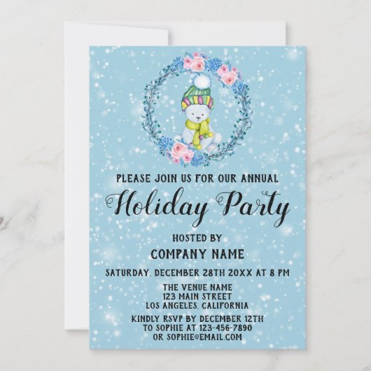 Cudly Bear Wreath Company Holiday Party Blue Snow Einladung (Vorderseite)