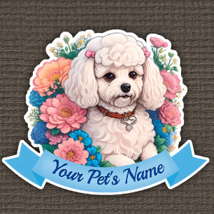 Cudly Bichon Frisé, Rosa & Blau Blumen um sich her Aufkleber