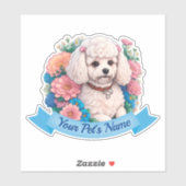 Cudly Bichon Frisé, Rosa & Blau Blumen um sich her Aufkleber (Blatt)