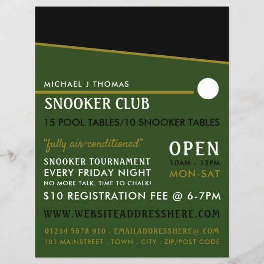 Cue Ball, Pool Club, Snooker Club Werbung Flyer (Vorne)