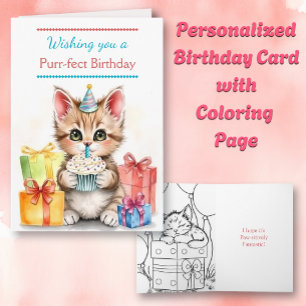 Cue Birthday Cat Farbseite Karte