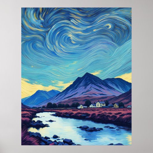 Cumbrian Hills & Mountains, Hütten, Van Gogh Sky Poster (Vorne)