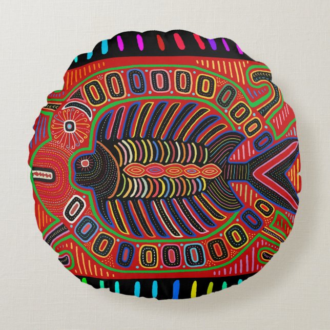 Cuna Indian Mola Flying Fish Fish Rundes Kissen (Vorderseite)