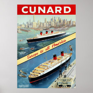 Cunard ~ Europe to All America ~ Vintage Travel Poster