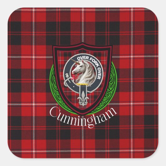 Cunningham Scottish Clan Tartan & Crest Quadratischer Aufkleber (Vorderseite)