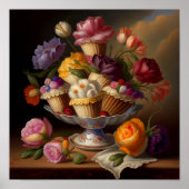 Cup Cakes und Blume Stillleben Kunst Poster (Vorne)