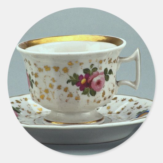 Cup und Untertasse mit farbenfrohen Blume-Designs  Runder Aufkleber (Vorderseite)