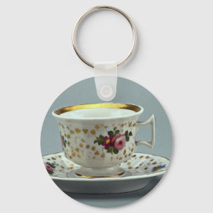 Cup und Untertasse mit farbenfrohen Blume-Designs  Schlüsselanhänger