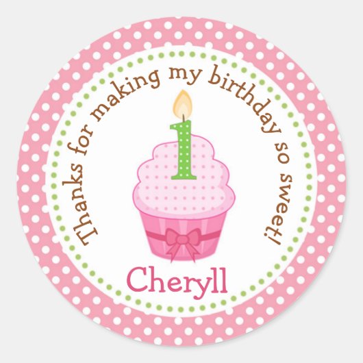 Cupcake 1. Geburtstag Danke Stickers (Pink) (Vorderseite)