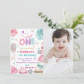 Cupcake 1. Geburtstag Party 1 Süßigkeiten Einladung (Stehend Vorderseite)