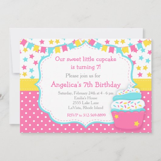 Cupcake and Sprinkles Pink Birthday Party Einladung (Vorderseite)