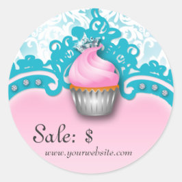 Cupcake Aufkleber Preis Kronen Damask Blue Pink