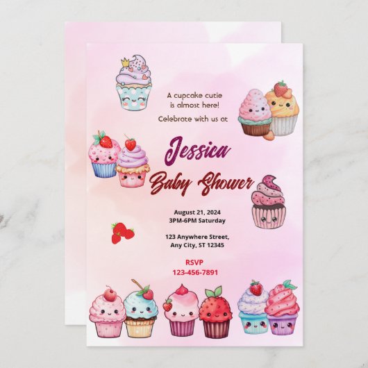 Cupcake Baby Dusche Einladung (Vorne/Hinten)