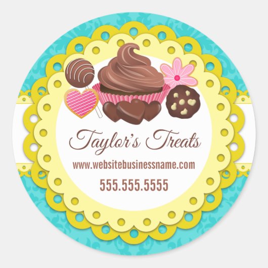 Cupcake Bäckerei Damask Gelbe Scallop Siegel Runder Aufkleber (Vorderseite)
