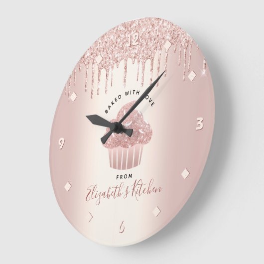 Cupcake Bäckerei Konditorei Koch Rose Gold Glitzer Große Wanduhr (Winkel)