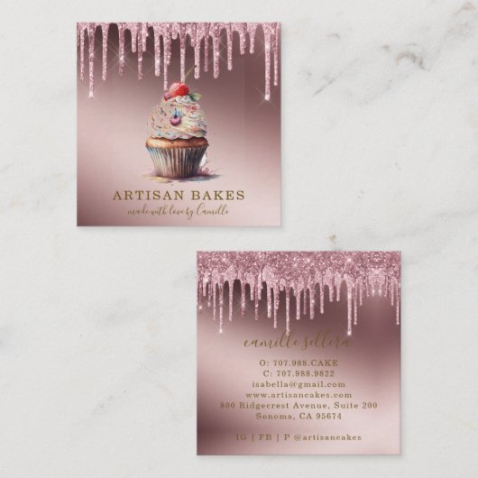 Cupcake Bäckerei Konditorei Koch Rose Gold Glitzer Quadratische Visitenkarte (Vorne/Hinten)