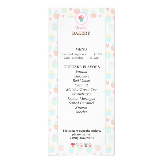 Cupcake Bäckerei Menü Rack Card PASTEL KAWAII (Vorne)