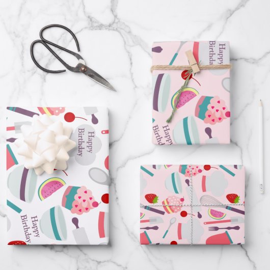 Cupcake Backmuster Pink Lila Geschenkpapier Set (Vorderseite)